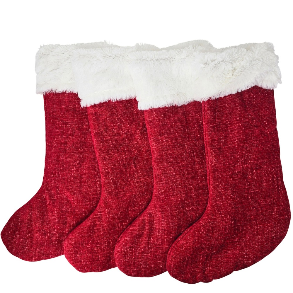 House & Garden Red Christmas Stockings Set of 4 Plush Faux Fur Trim Holida